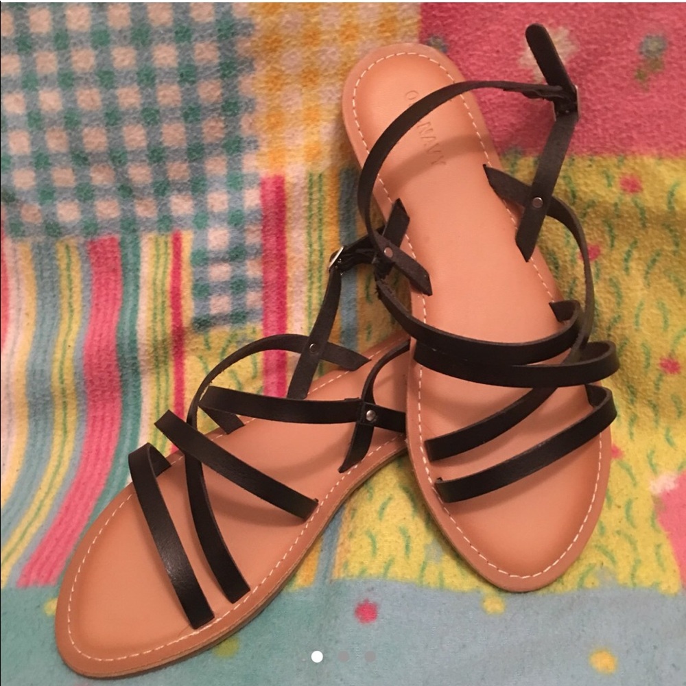 Cute tan sandals with black straps